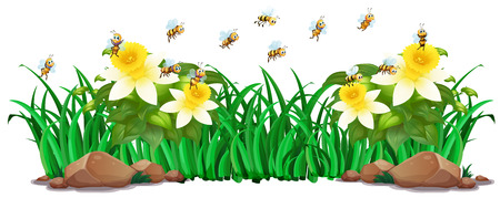 Garden scene with flowers and bees illustrationのイラスト素材
