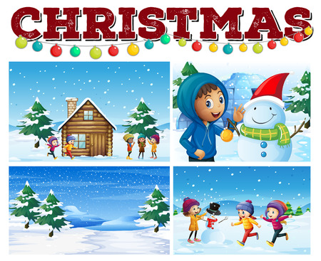 Christmas theme with children in snow illustrationのイラスト素材