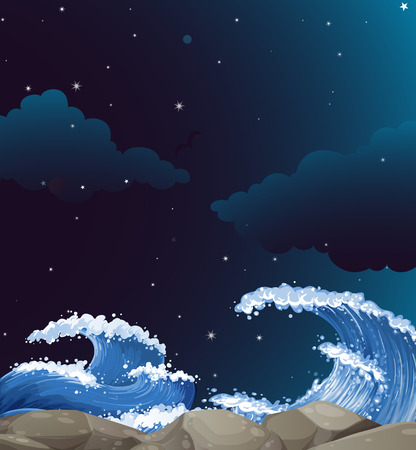 Background scene with giant waves at night illustrationのイラスト素材