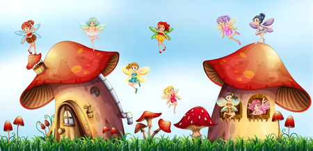 Scene with fairies flying around mushroom houses illustrationのイラスト素材