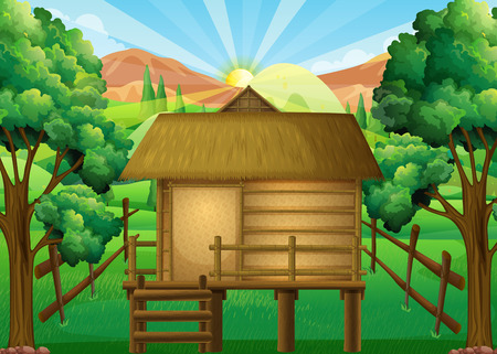 Wood hut in the forest illustrationのイラスト素材