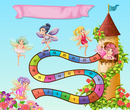 Boardgame design with fairies flying in garden illustrationのイラスト素材