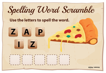 Spelling word scramble template with word pizza illustrationのイラスト素材