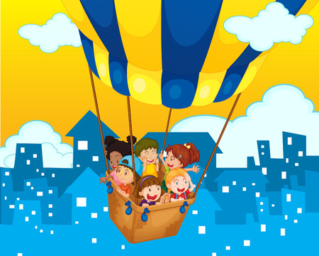 Children riding on balloon in the city illustrationのイラスト素材