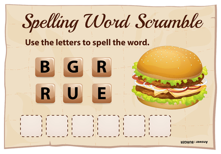 Spelling word scramble game template with word hamburger illustrationのイラスト素材