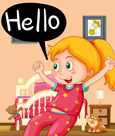 Little girl saying hello in bedroom illustrationのイラスト素材
