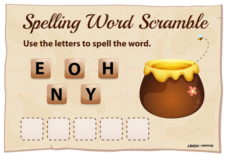 Spelling word scramble game template with word honey illustrationのイラスト素材