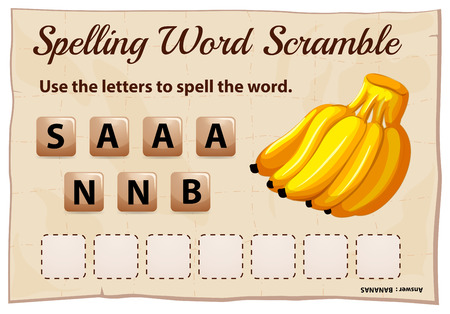 Spelling word scramble game template with banana illustrationのイラスト素材