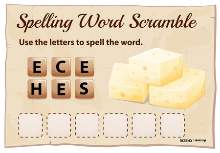 Spelling word scramble game template with word cheese illustrationのイラスト素材