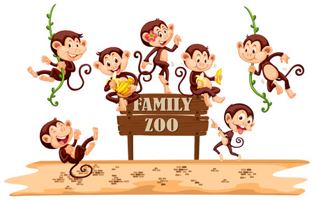 Many monkeys on zoo sign illustrationのイラスト素材