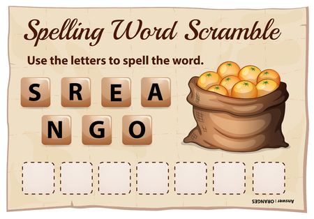 Spelling word scramble game for word oranges illustrationのイラスト素材