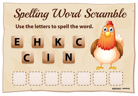 Spelling word scramble template with word  chicken illustrationのイラスト素材