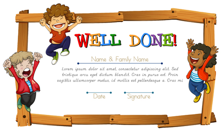 Certificate template with kids and wooden frame illustrationのイラスト素材
