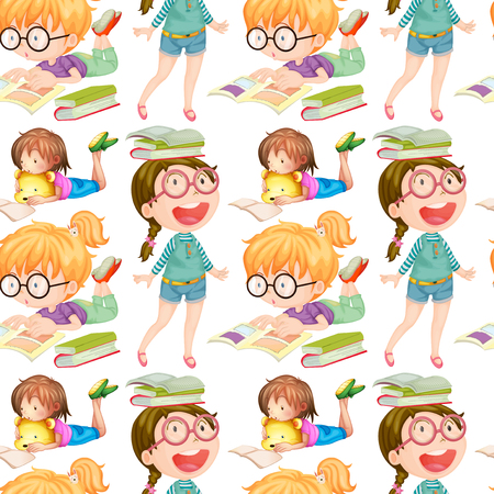 Seamless background with girls reading books illustrationのイラスト素材