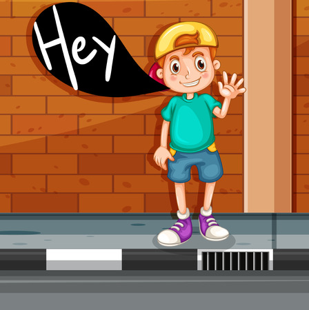 Boy saying hello on the street illustrationのイラスト素材