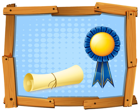 Wooden frame with blue ribbon and roll of paper illustrationのイラスト素材