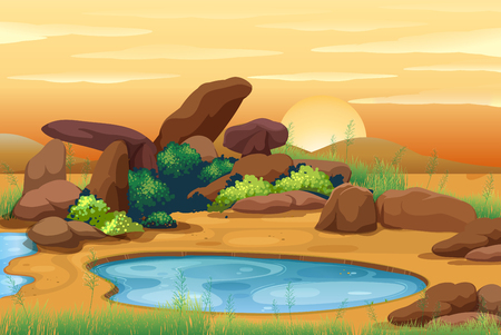 Scene with waterhole at sunset illustrationのイラスト素材