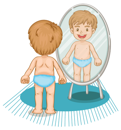 Little boy looking in the mirror illustrationのイラスト素材