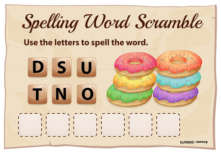 Spelling scramble game template for donuts illustrationのイラスト素材