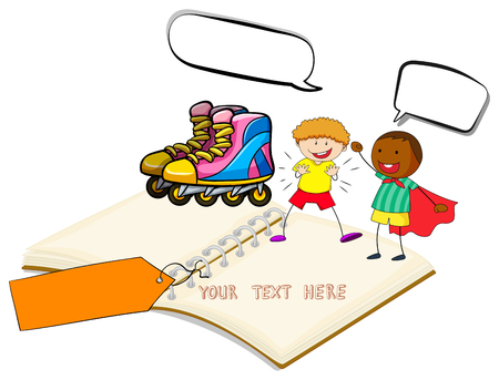 Blank book with two boys and rollerskates illustrationのイラスト素材
