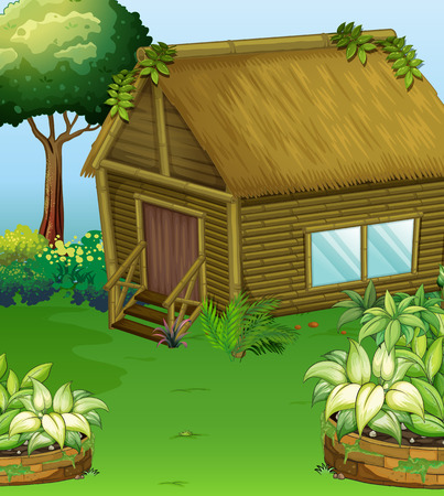 Scene with wood cabin in the garden illustrationのイラスト素材