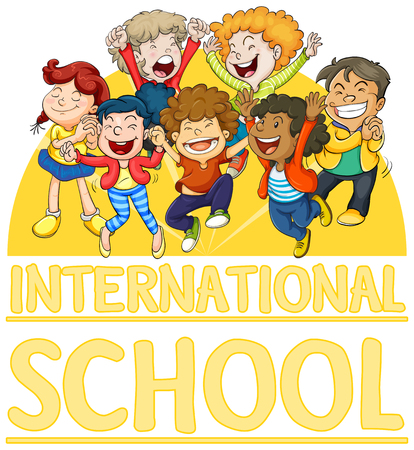 International school sign with happy children illustrationのイラスト素材