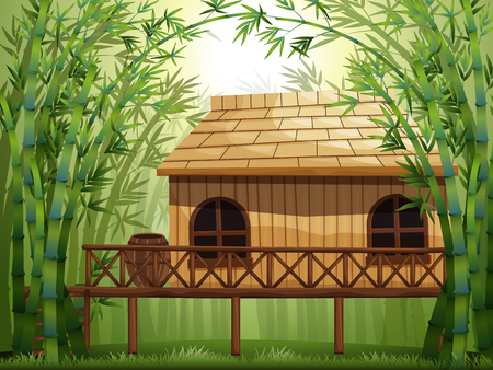 Wooden cabin in bamboo forest illustrationのイラスト素材