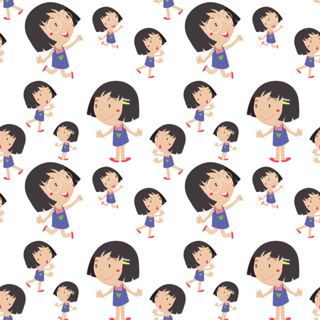 Seamless background with happy girl in blue dress illustrationのイラスト素材