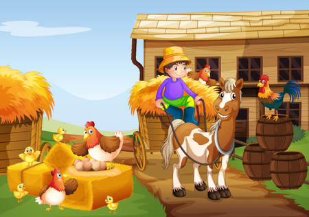 Farmer riding horse in the farm illustrationのイラスト素材
