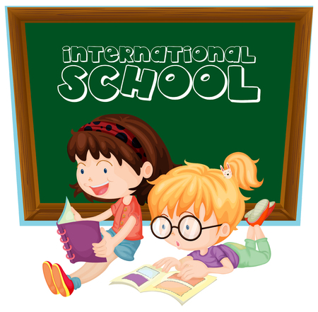 International school sign with two girls reading books illustrationのイラスト素材