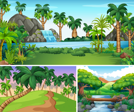 Three scenes of river and waterfall illustrationのイラスト素材