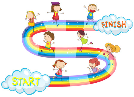 Game template with many kids on rainbow illustrationのイラスト素材