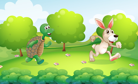 Turtle and rabbit running in park illustrationのイラスト素材