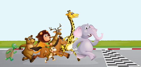 Wild animals running on the road illustrationのイラスト素材