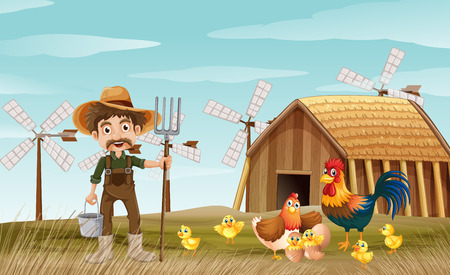 Farmer and chickens in the farm illustrationのイラスト素材