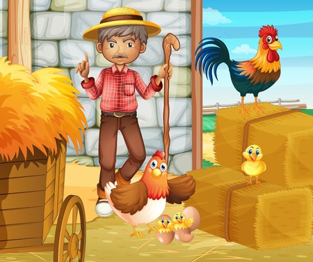 Farmer and chickens in the barn illustrationのイラスト素材