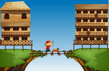 Boy crossing bridge on the cliff illustrationのイラスト素材