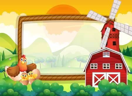 Frame template with chickens in the farm illustrationのイラスト素材