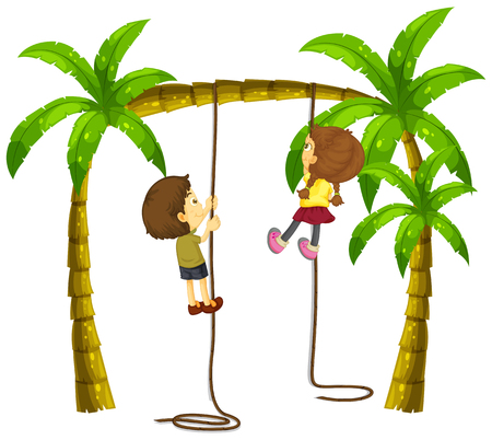 Kids climbing rope on the tree illustrationのイラスト素材