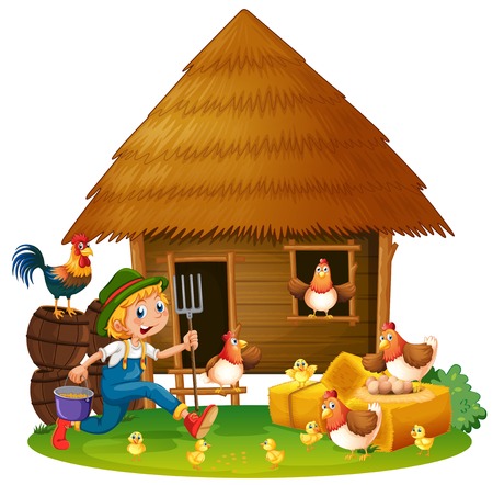 Chickens and farmer at home illustrationのイラスト素材
