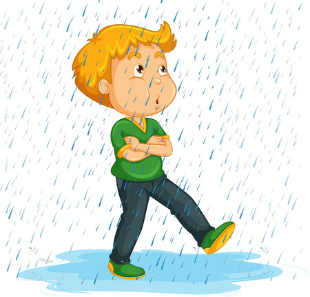 Boy whistlering in the rain illustrationのイラスト素材