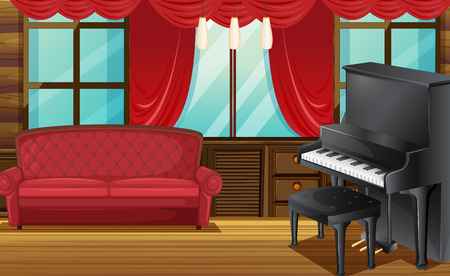 Room with red sofa and piano illustrationのイラスト素材