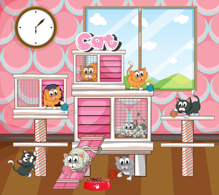 Many cats in cage and room illustrationのイラスト素材