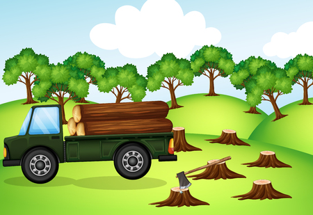 Deforestation scene with truck loaded with logs illustrationのイラスト素材