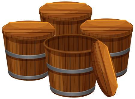 Four wooden buckets with lids illustrationのイラスト素材