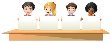 Boys and girls holding white papers illustration