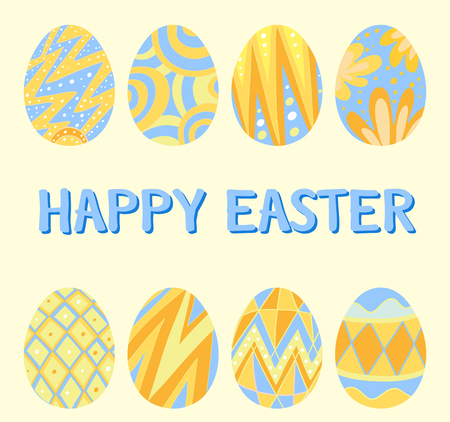 Happy Easter card template with blue and yellow eggs illustrationのイラスト素材