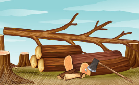 Deforestation scene with firewoods and axe illustrationのイラスト素材