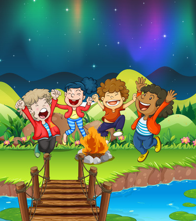 Children camping out by the river illustrationのイラスト素材