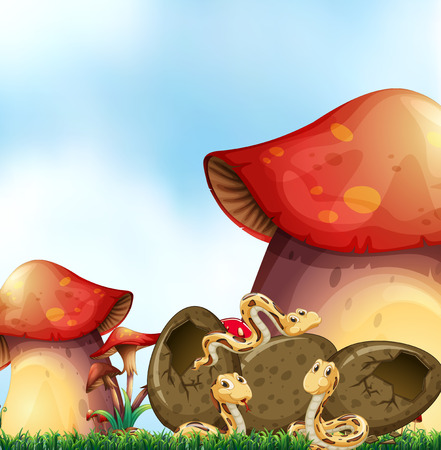 Garden scene with three snakes and mushrooms illustrationのイラスト素材